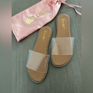 Miss Lola Clear Strap Slide Sandals in Cognac Footbed with Clear Upper